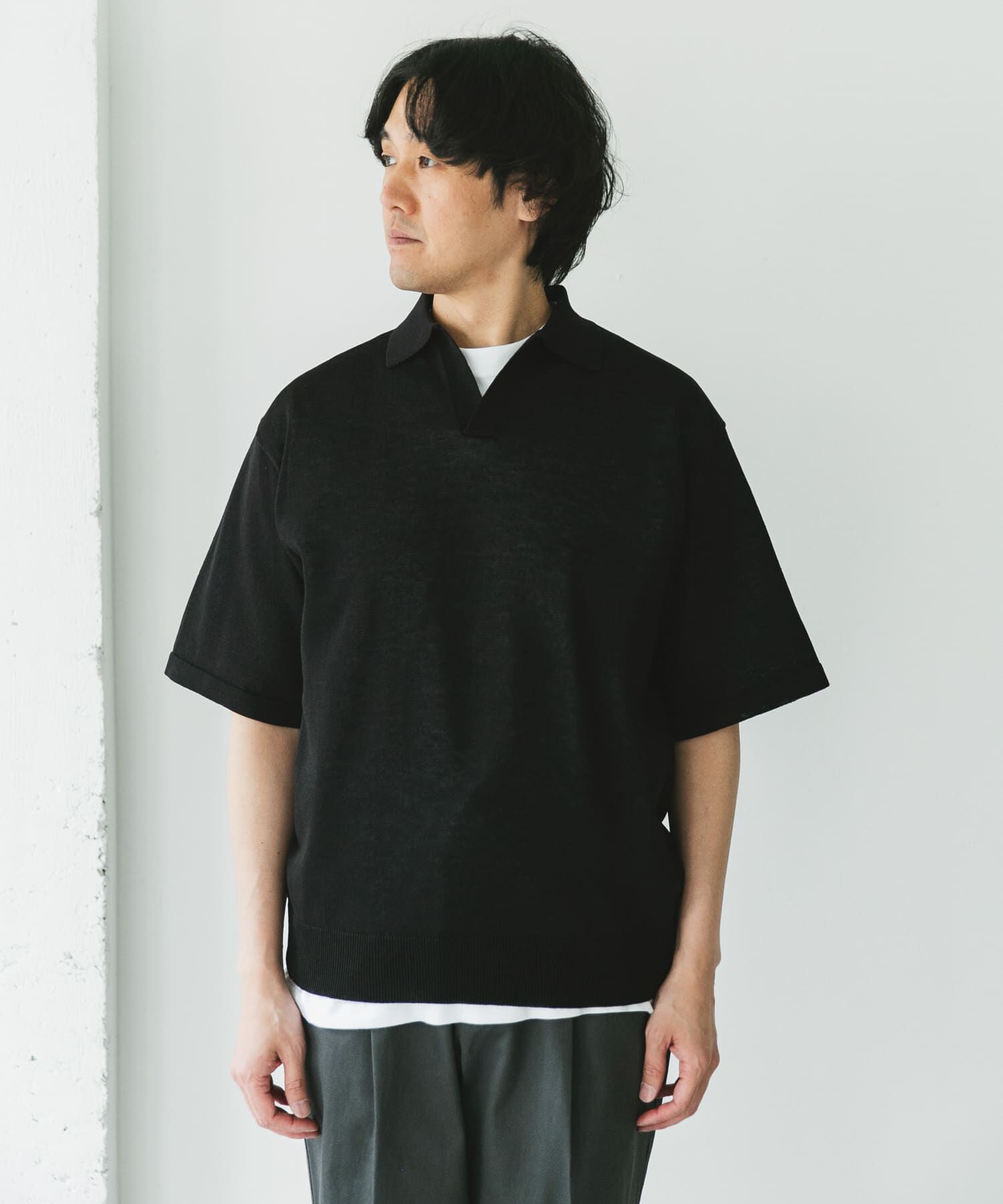 URBAN RESEARCH DOORS「リネン混ハイゲージ スキッパーニットポロシャツ」|ポロシャツ|
