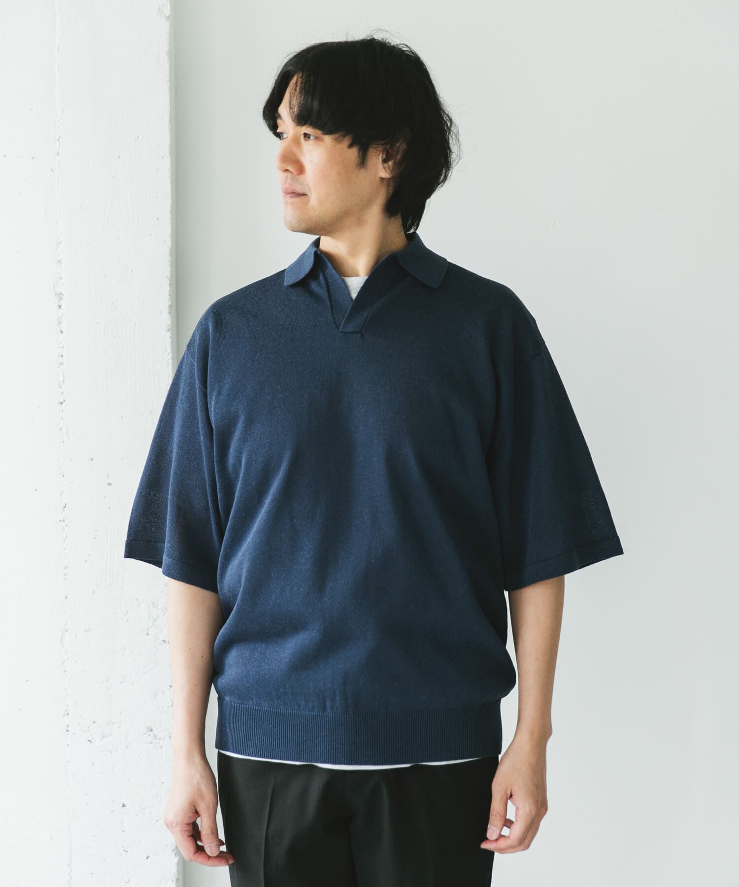 URBAN RESEARCH DOORS「リネン混ハイゲージ スキッパーニットポロシャツ」|ポロシャツ|