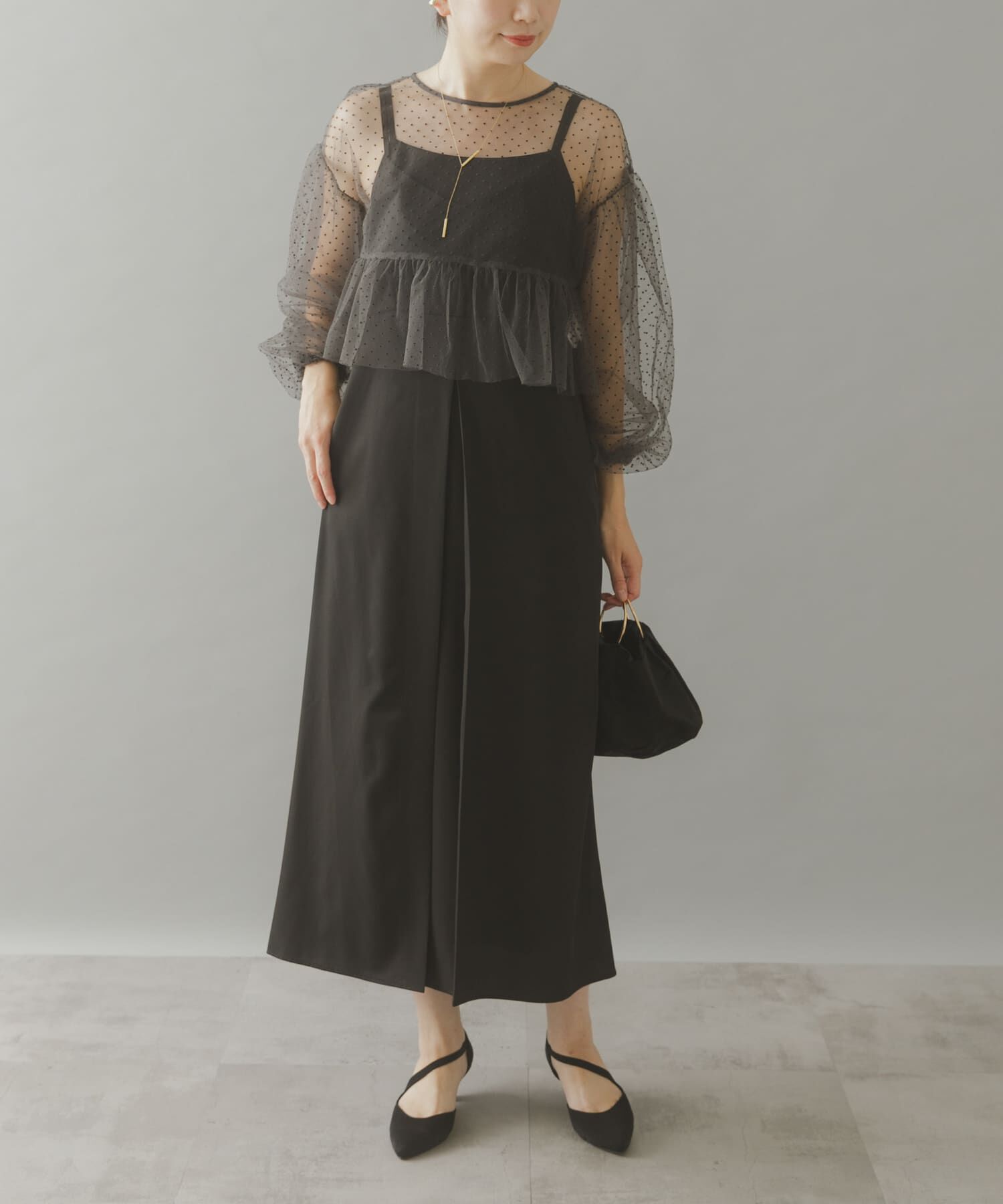URBAN RESEARCH ROSSO「ドットチュールブラウスSETドレス」|ワンピース|ブラック系その他
