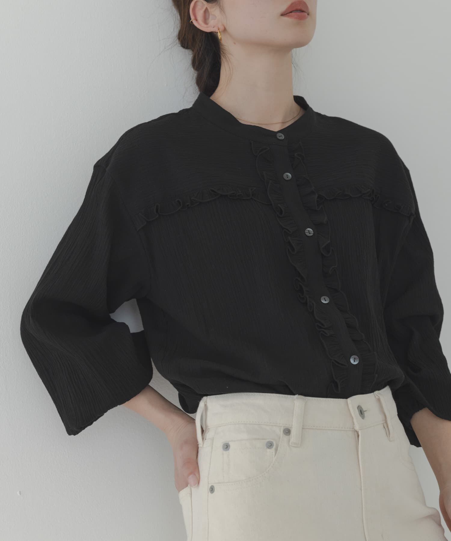 Sonny Label 「バンドカラーフリルコットンシャツブラウス」|シャツ・ブラウス|ブラック