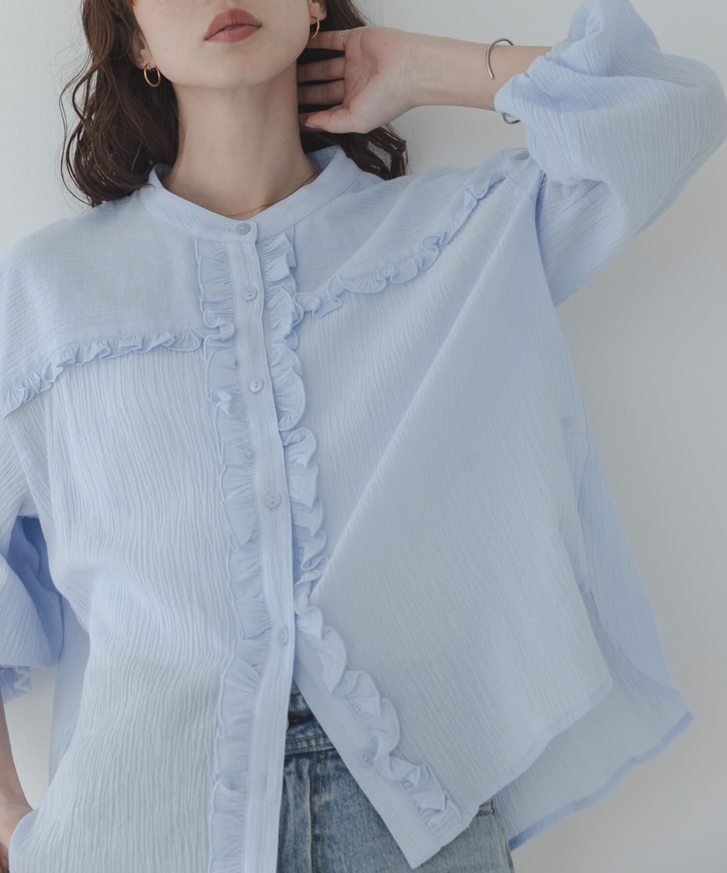 Sonny Label 「バンドカラーフリルコットンシャツブラウス」|シャツ・ブラウス|ライトブルー