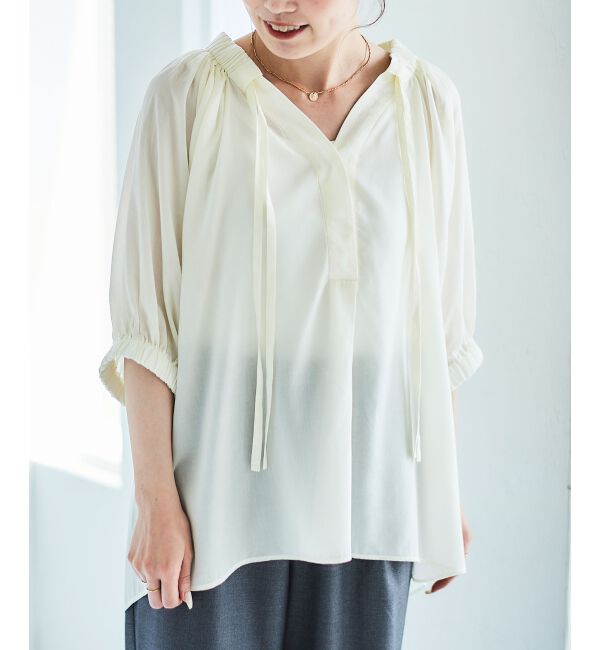 le.coeur blanc「シアーVネックギャザーブラウス」|シャツ・ブラウス|