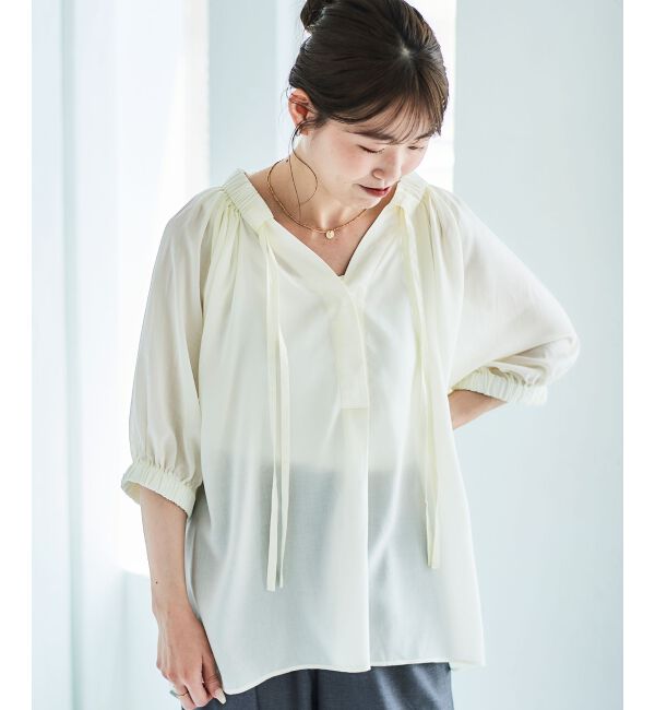 le.coeur blanc「シアーVネックギャザーブラウス」|シャツ・ブラウス|