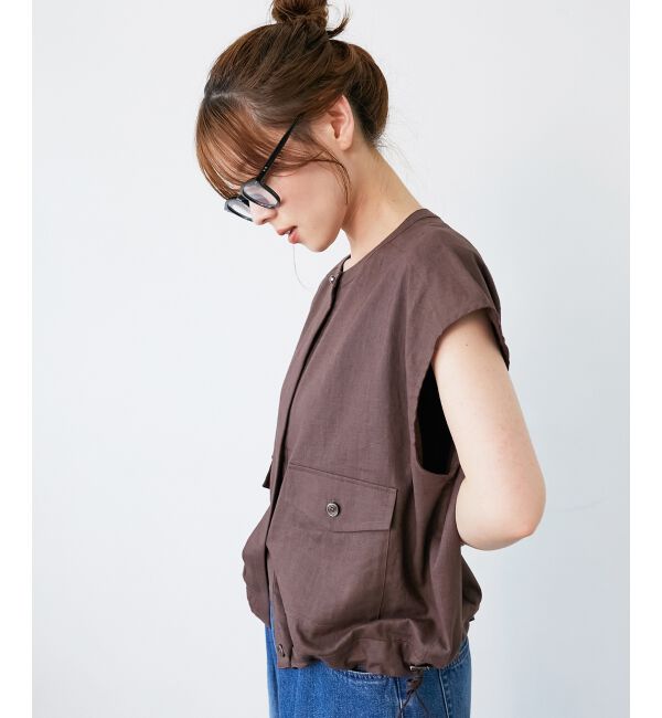  「《手洗い可能》コットン麻ノーカラーシャツジャケット」|ダウン|