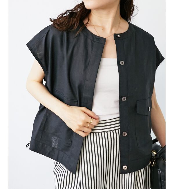  「《手洗い可能》コットン麻ノーカラーシャツジャケット」|ダウン|