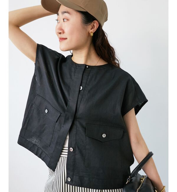  「《手洗い可能》コットン麻ノーカラーシャツジャケット」|ダウン|