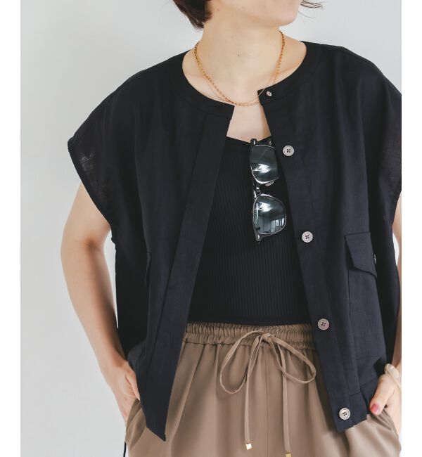  「《手洗い可能》コットン麻ノーカラーシャツジャケット」|ダウン|