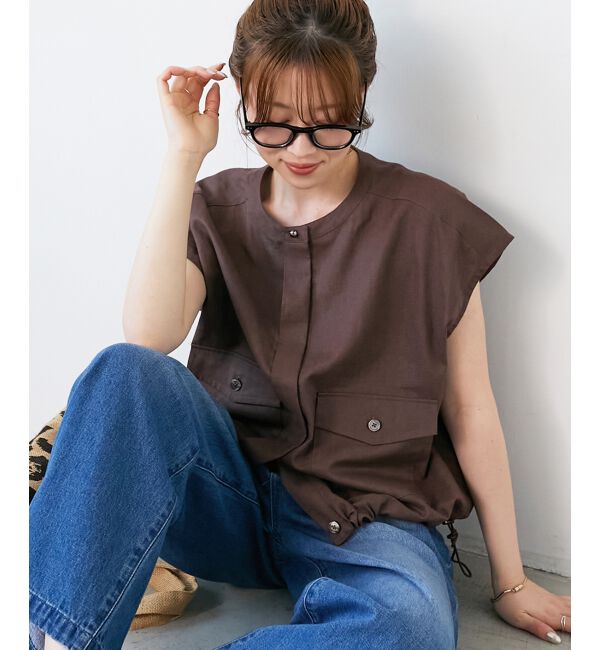  「《手洗い可能》コットン麻ノーカラーシャツジャケット」|ダウン|ブラウン