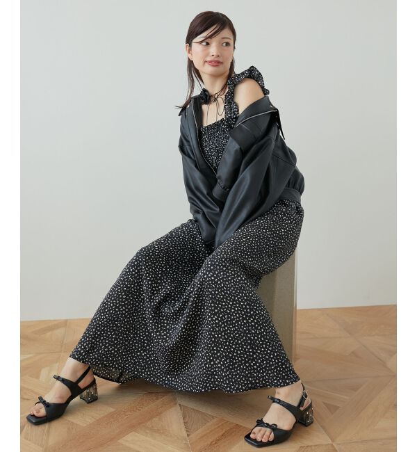 MAJESTICLEGON「フリルショルダーレースアップワンピ」|ワンピース|ブラック柄