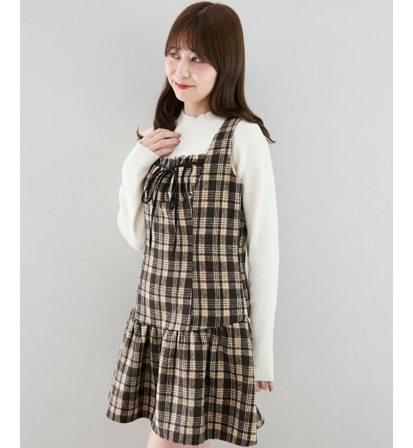  「フロントリボンチェックミニジャンスカ」|ジャンパースカート|