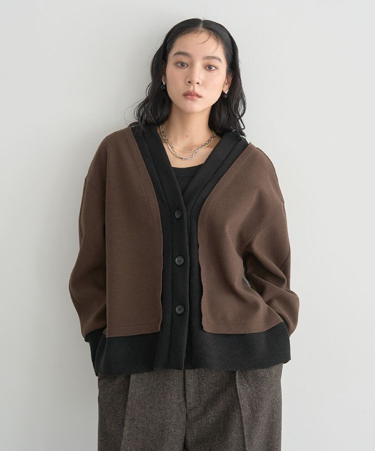 YECCA VECCA「ニット切替メルトンVネックカーディガン」|カーディガン|Brown