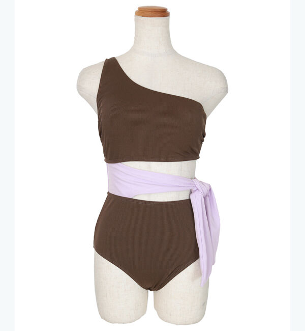 SEA DRESS「ウエストリボンワンショルダーワンピース/水着」|ビキニ|ブラウン/パープル