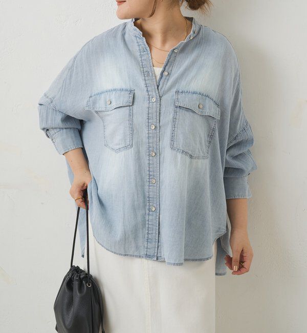  「シアーデニムバンドカラーブラウス」|シャツ・ブラウス|ブルー