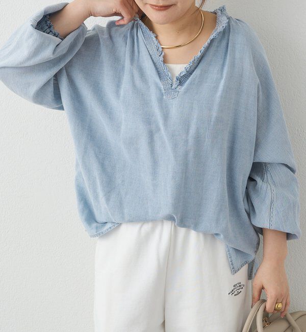  「襟元フリルシアーデニムブラウス」|プルオーバー|