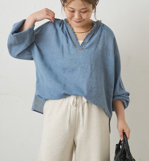  「襟元フリルシアーデニムブラウス」|プルオーバー|