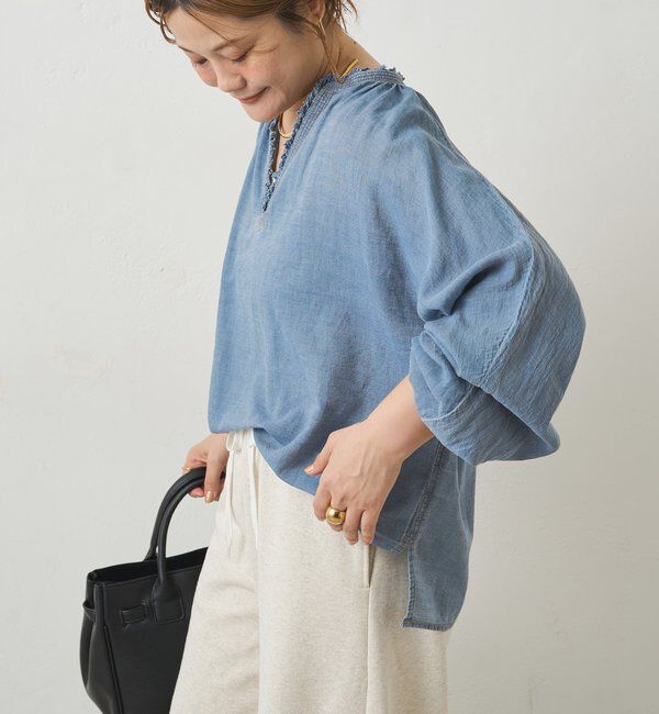  「襟元フリルシアーデニムブラウス」|プルオーバー|