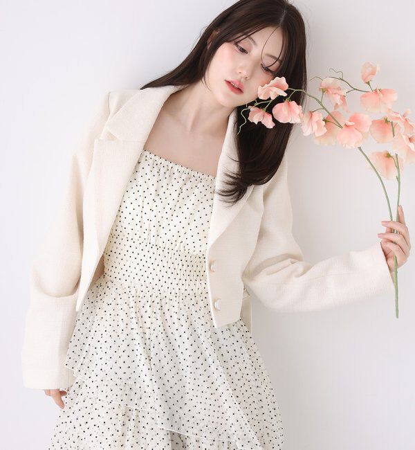  「【premiumorder】サイドベルトツイードショートジャケット」|ダウンベスト・ベスト|