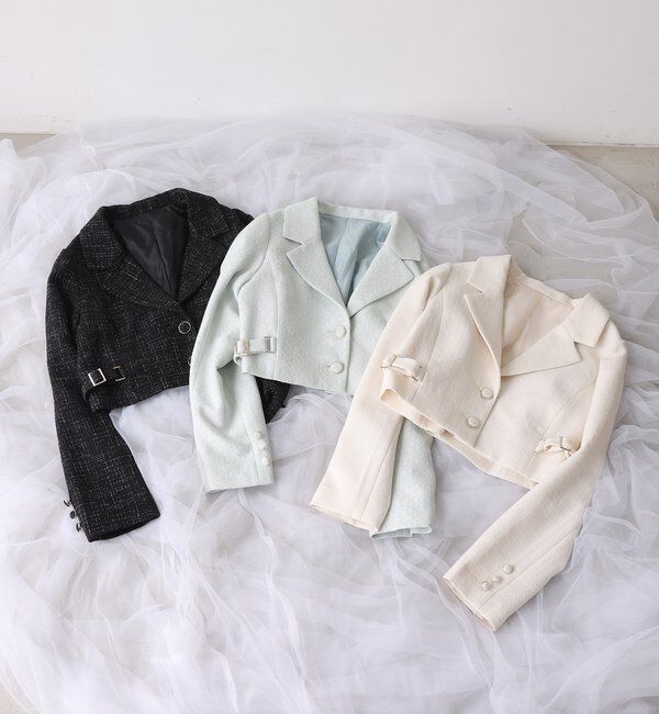  「【premiumorder】サイドベルトツイードショートジャケット」|ダウンベスト・ベスト|