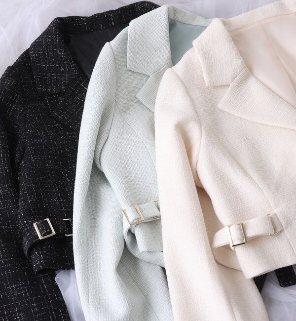  「【premiumorder】サイドベルトツイードショートジャケット」|ダウンベスト・ベスト|