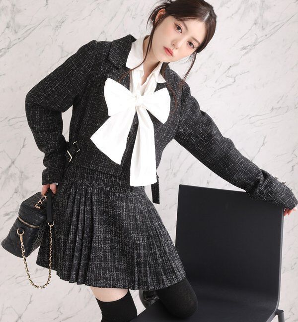  「【premiumorder】サイドベルトツイードショートジャケット」|ダウンベスト・ベスト|ブラック