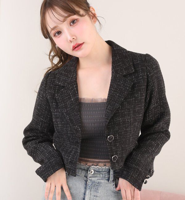  「【premiumorder】サイドベルトツイードショートジャケット」|ダウンベスト・ベスト|