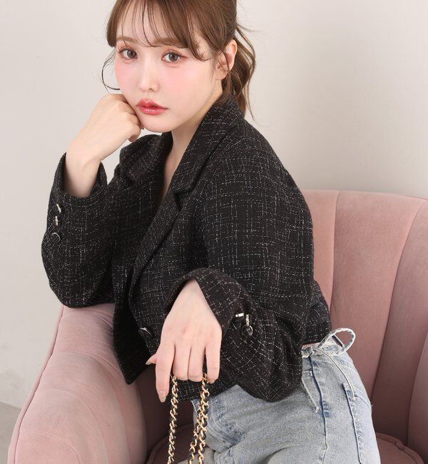  「【premiumorder】サイドベルトツイードショートジャケット」|ダウンベスト・ベスト|