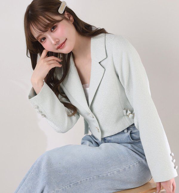  「【premiumorder】サイドベルトツイードショートジャケット」|ダウンベスト・ベスト|ミント