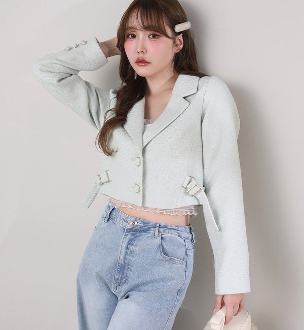  「【premiumorder】サイドベルトツイードショートジャケット」|ダウンベスト・ベスト|