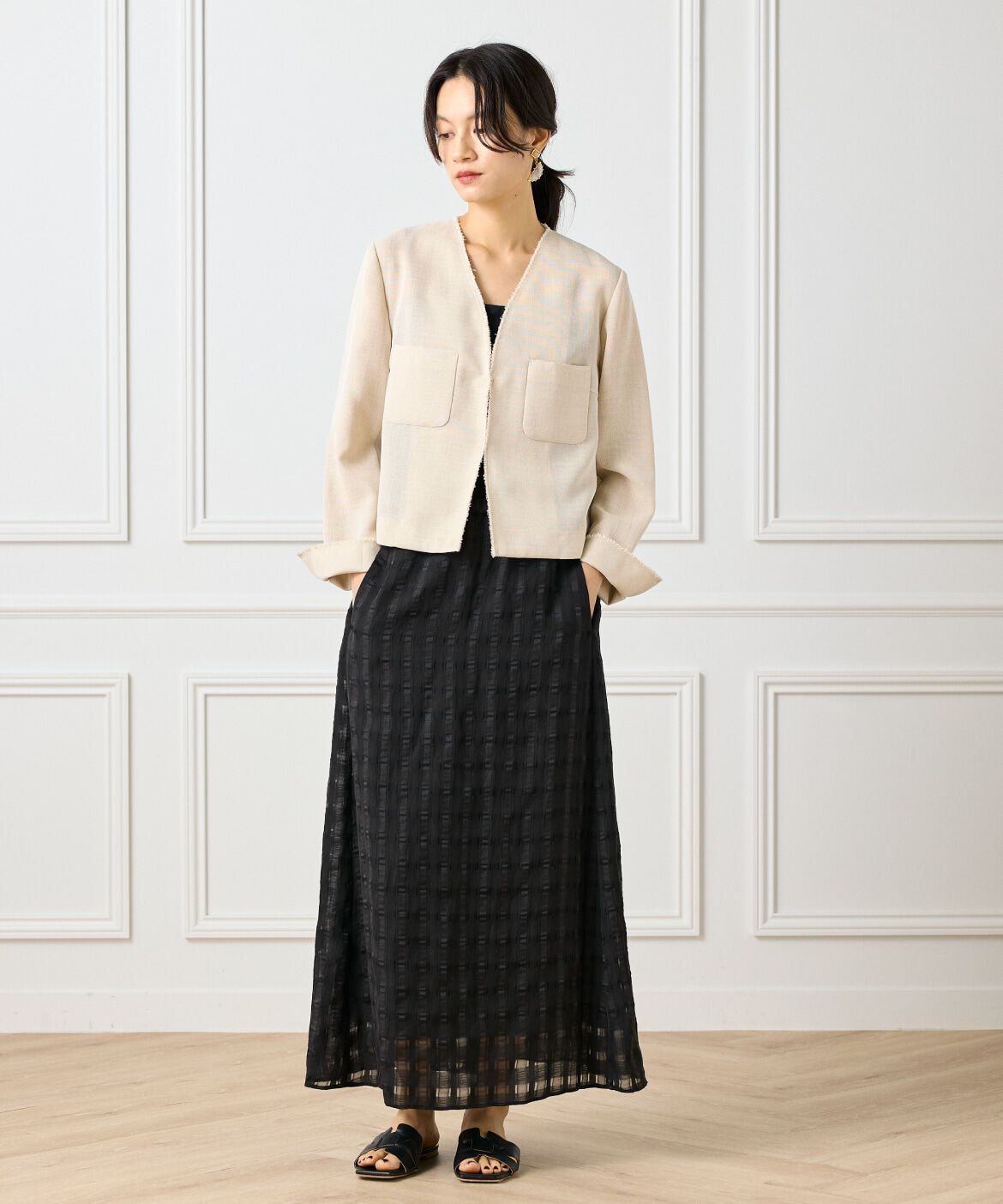 INED「《大きいサイズ》カラミジャケット」|ノーカラージャケット|