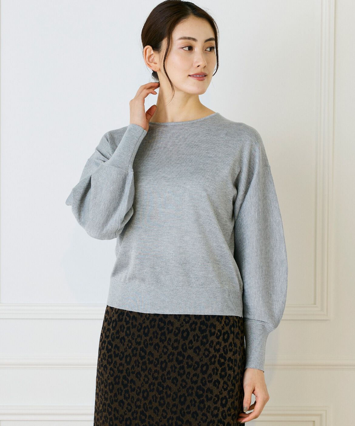 7-IDconcept.「《大きいサイズ》ラメパフスリーブニットプルオーバー」|ニット・セーター|グレー1