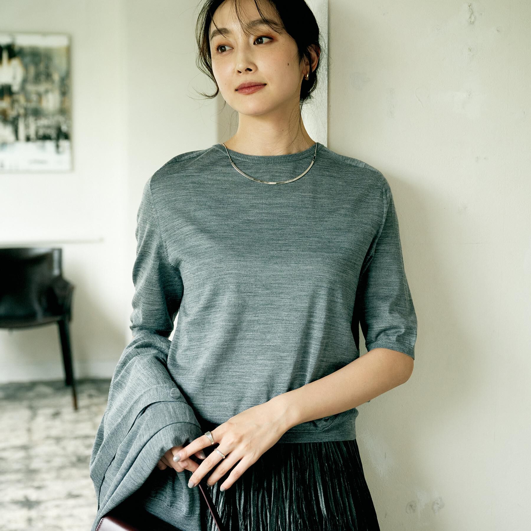 UNTITLED「【アンサンブル可/六分袖/洗える】ウールシルクニット」|ニット・セーター|