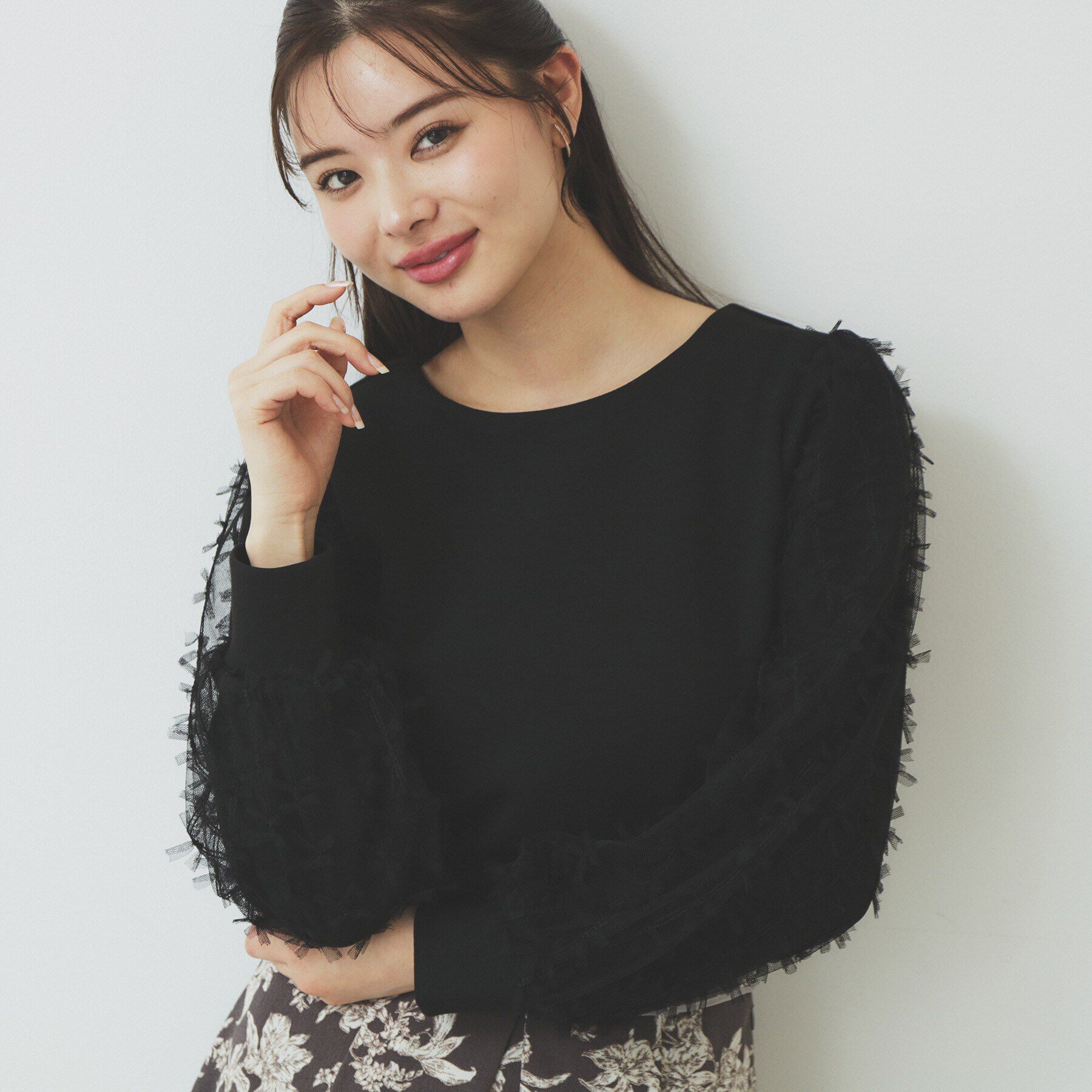 index「《美人百花掲載》リボンチュールトップス【洗濯機洗い可】」|Tシャツ・カットソー|ブラック(019)