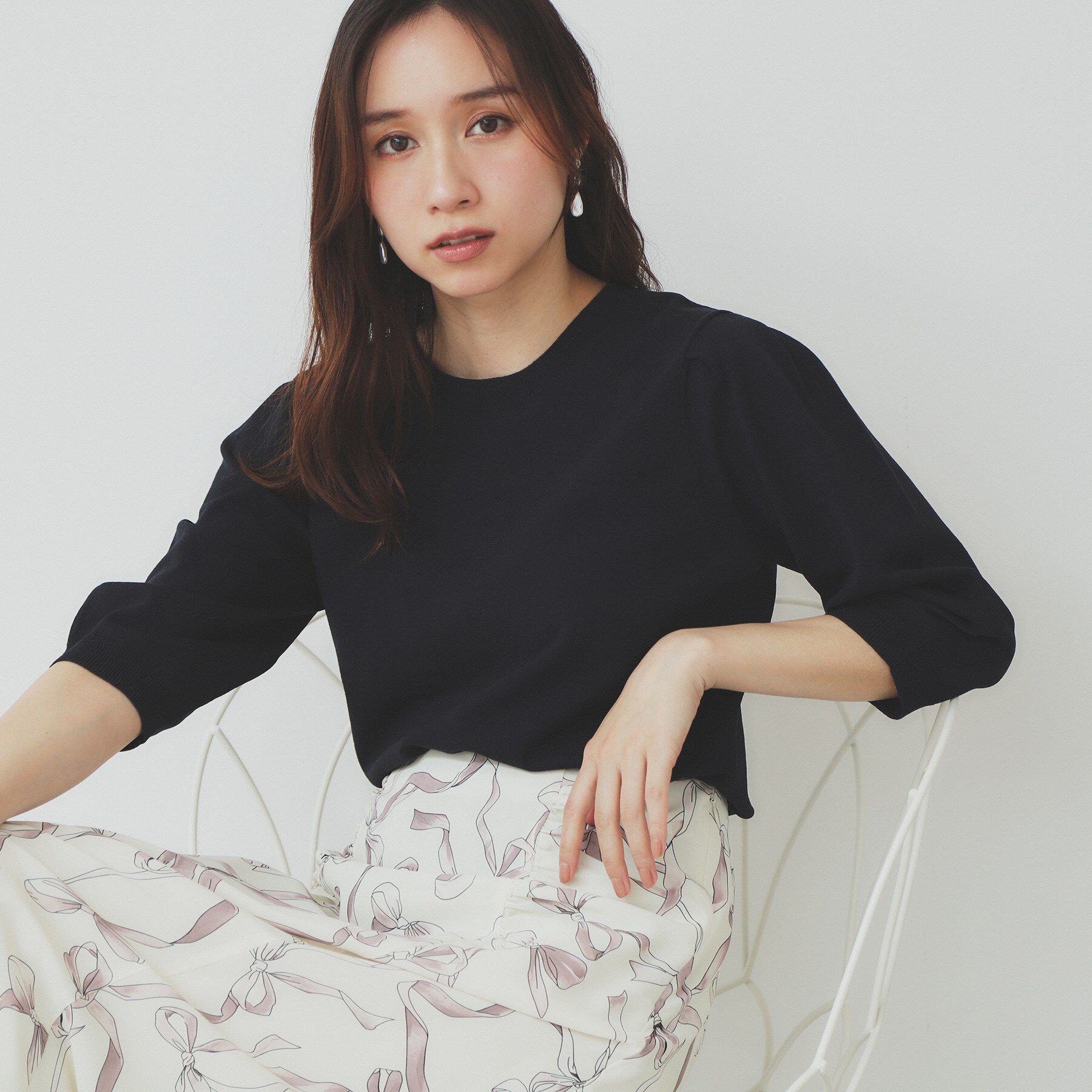 index「《7色展開/XS-LLサイズ》クルーネックデザインスリーブニット【洗濯機洗い可】」|ニット・セーター|ネイビー(094)