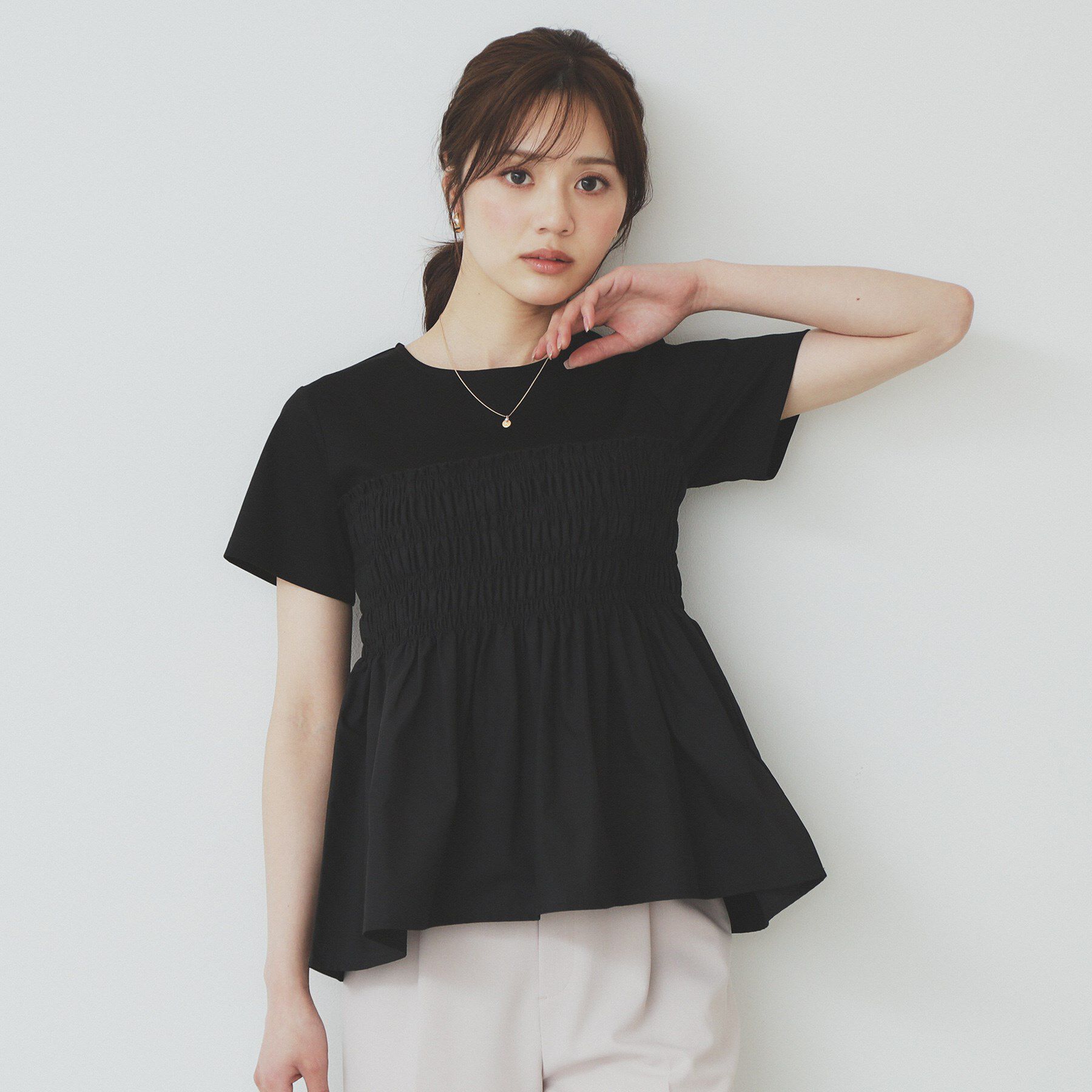 index「シャーリングドッキングペプラムトップス【洗濯機洗い可】」|Tシャツ・カットソー|