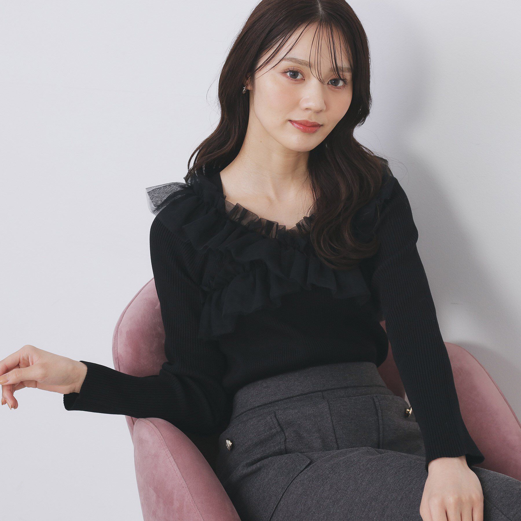 index「クロスチュールフリルリブニット【洗濯機OK/抗ピル】」|ニット・セーター|ブラック(819)