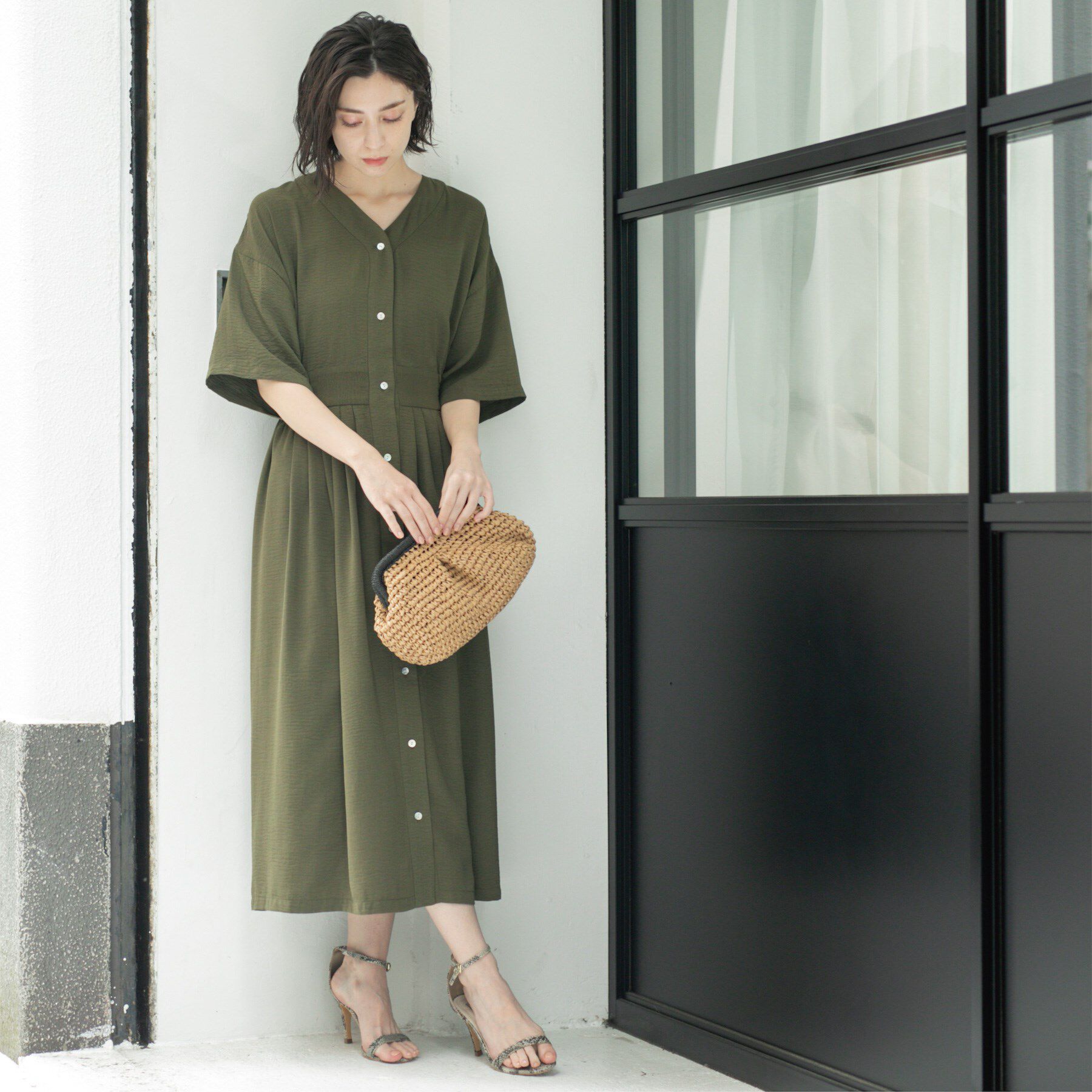 OPAQUE.CLIP「シャーリングフィット＆フレアワンピース【洗濯機洗い可】」|ワンピース|