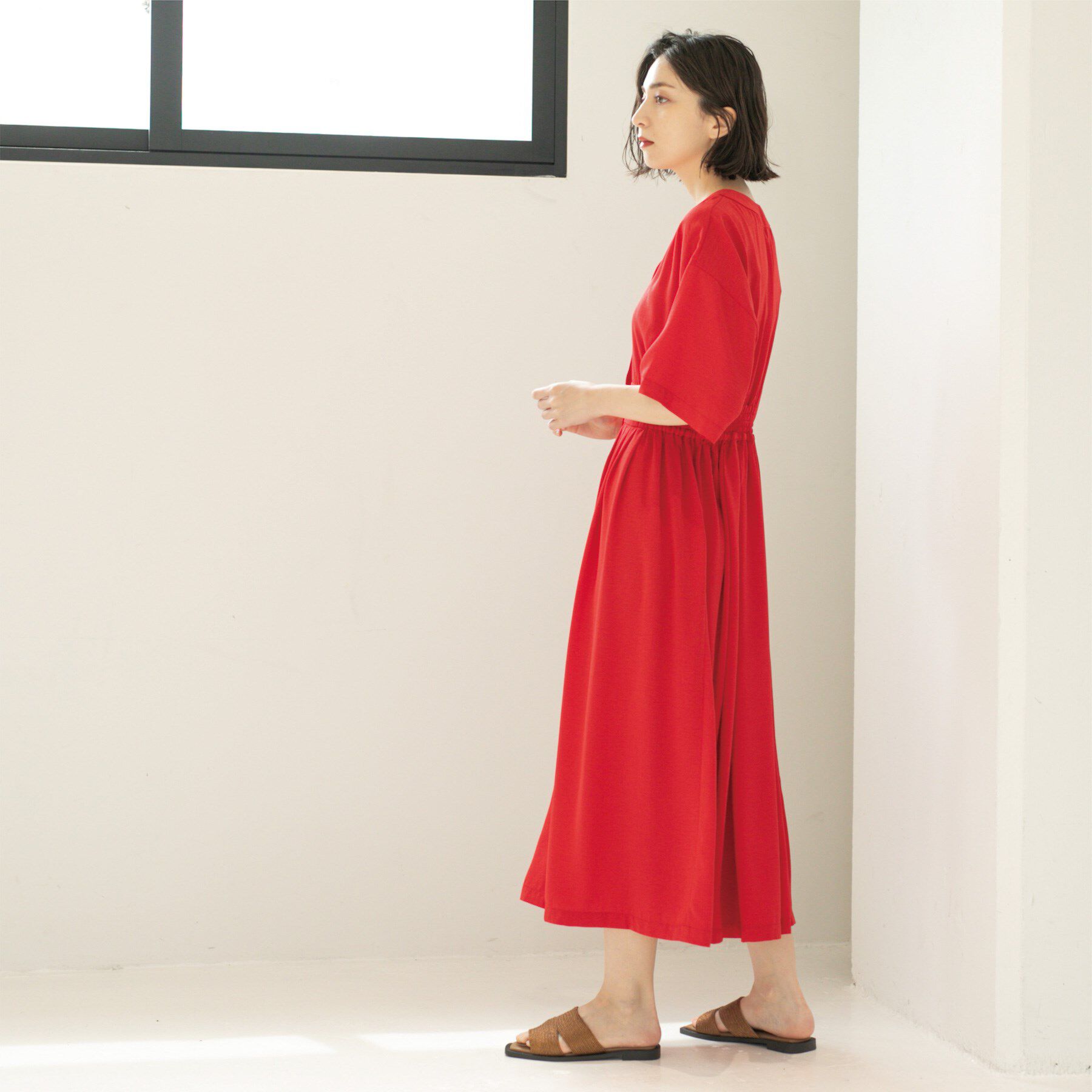 OPAQUE.CLIP「シャーリングフィット＆フレアワンピース【洗濯機洗い可】」|ワンピース|