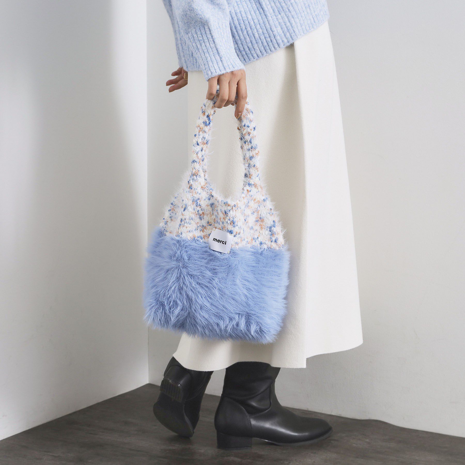OPAQUE.CLIP「フェザーヤーンマルチカラーニットバッグ」|トートバッグ|ブルー(091)