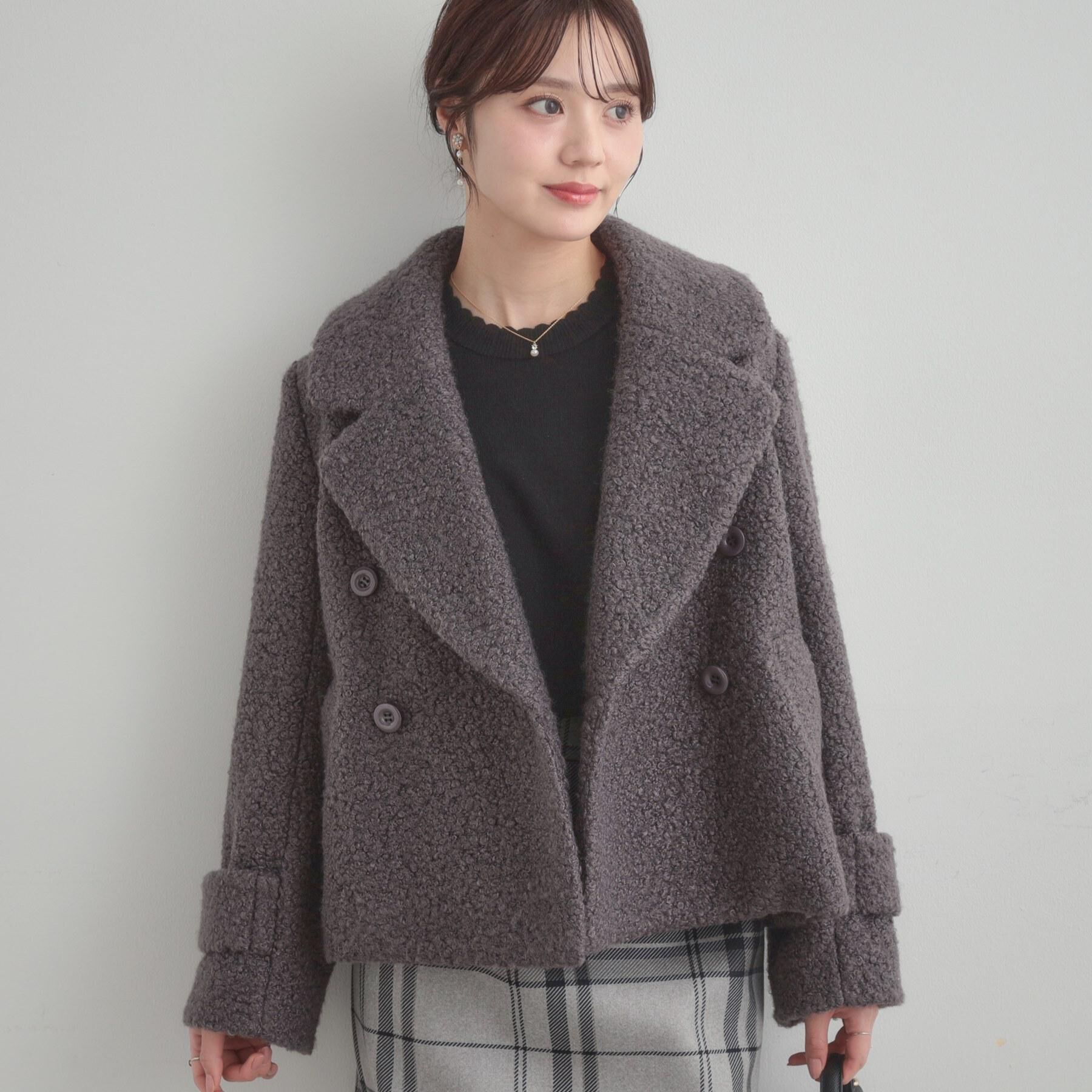 Couture broach「【S-LL/無地・チェック柄】プードルボア ショートコート」|ピーコート|
