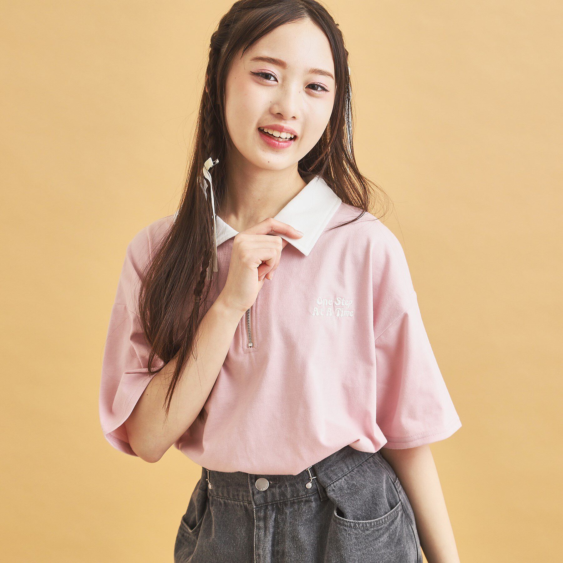 PINK-latte「◆ハーフジップ衿付きTシャツ」|Tシャツ・カットソー|ピンク(071)