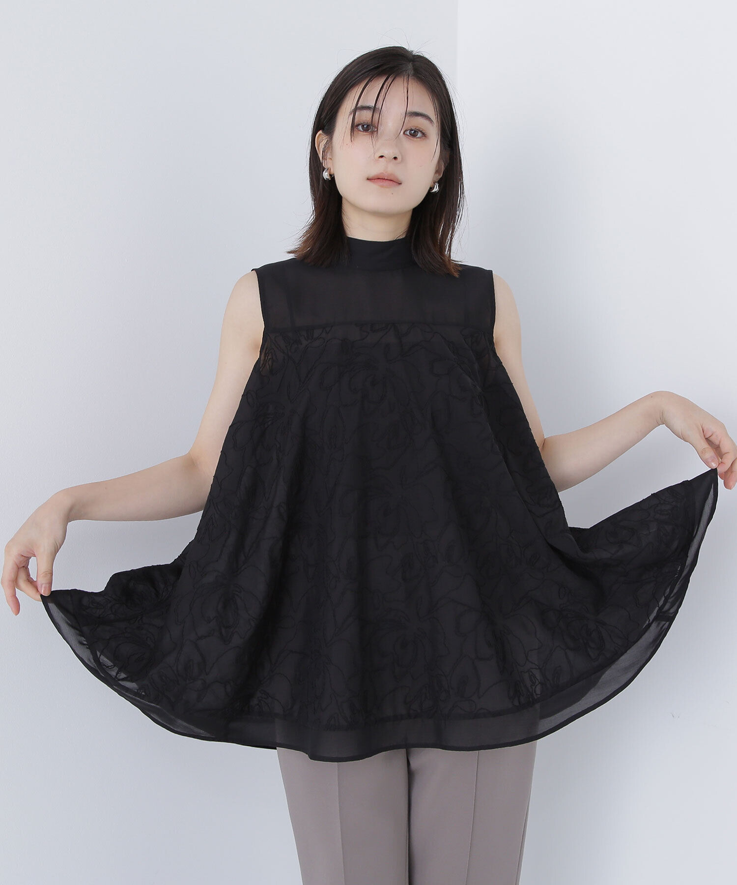  「コード刺繍Aラインブラウス」|シャツ・ブラウス|ブラック