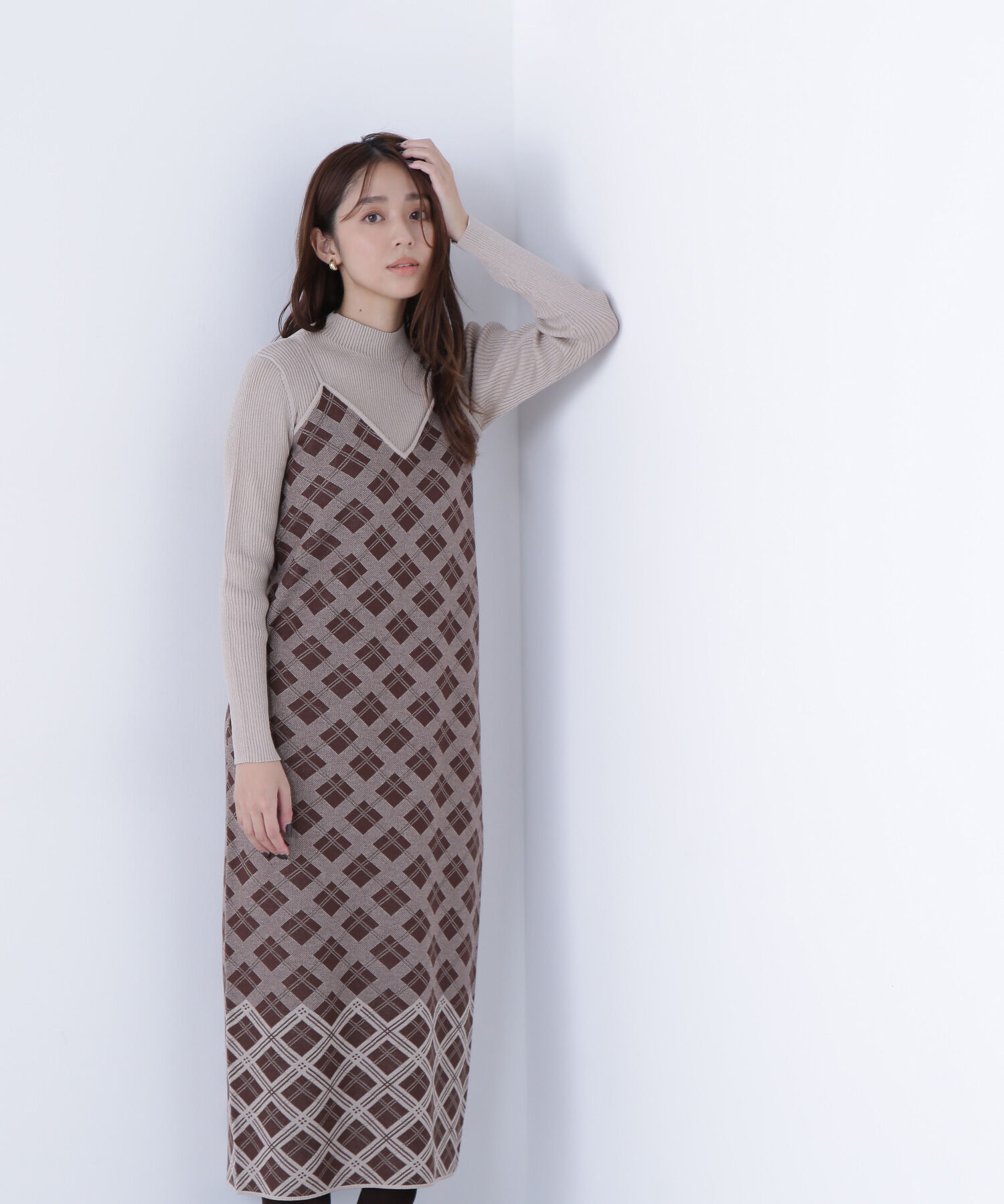  「チェックニットキャミワンピースセット」|ワンピース|