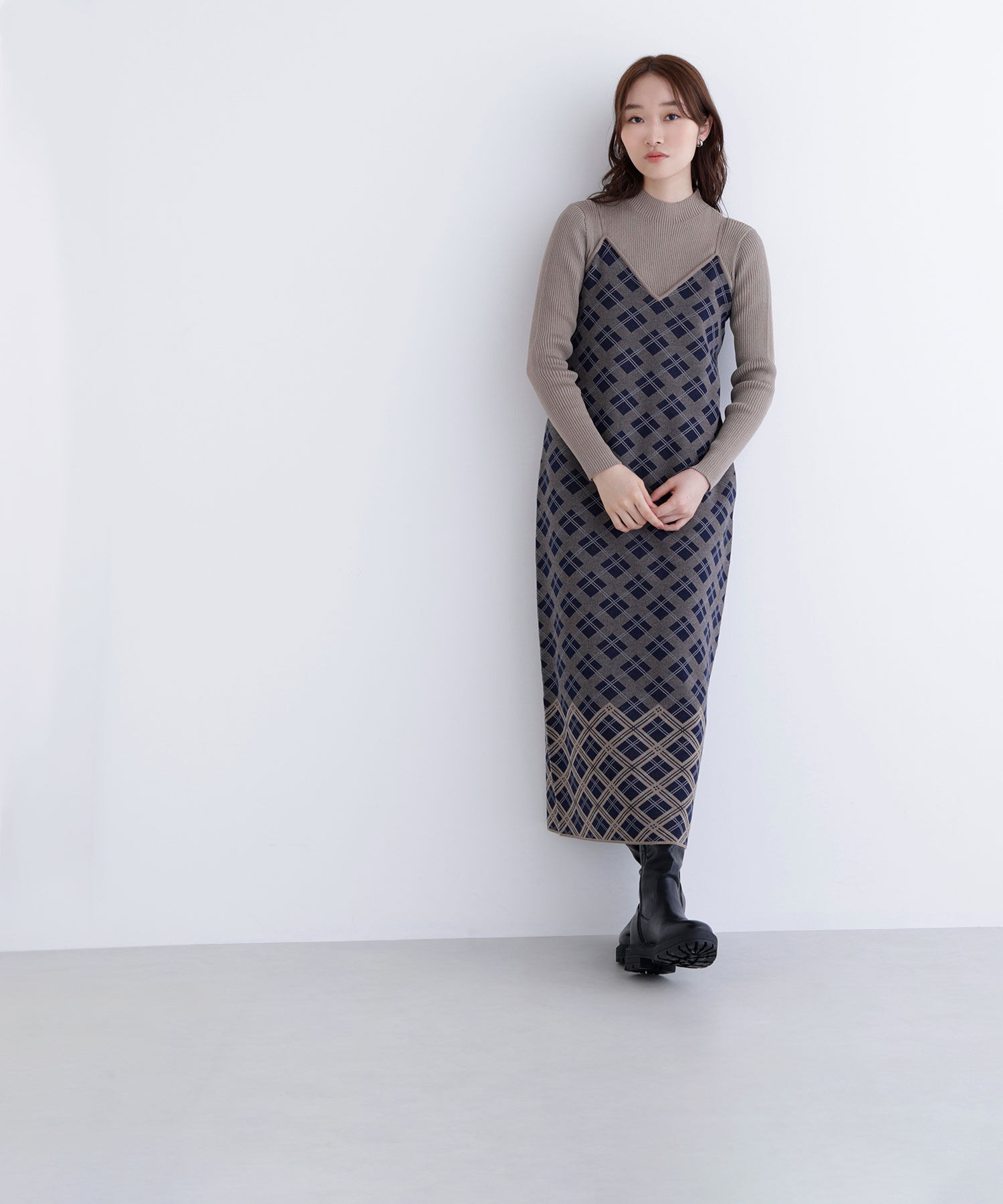  「チェックニットキャミワンピースセット」|ワンピース|