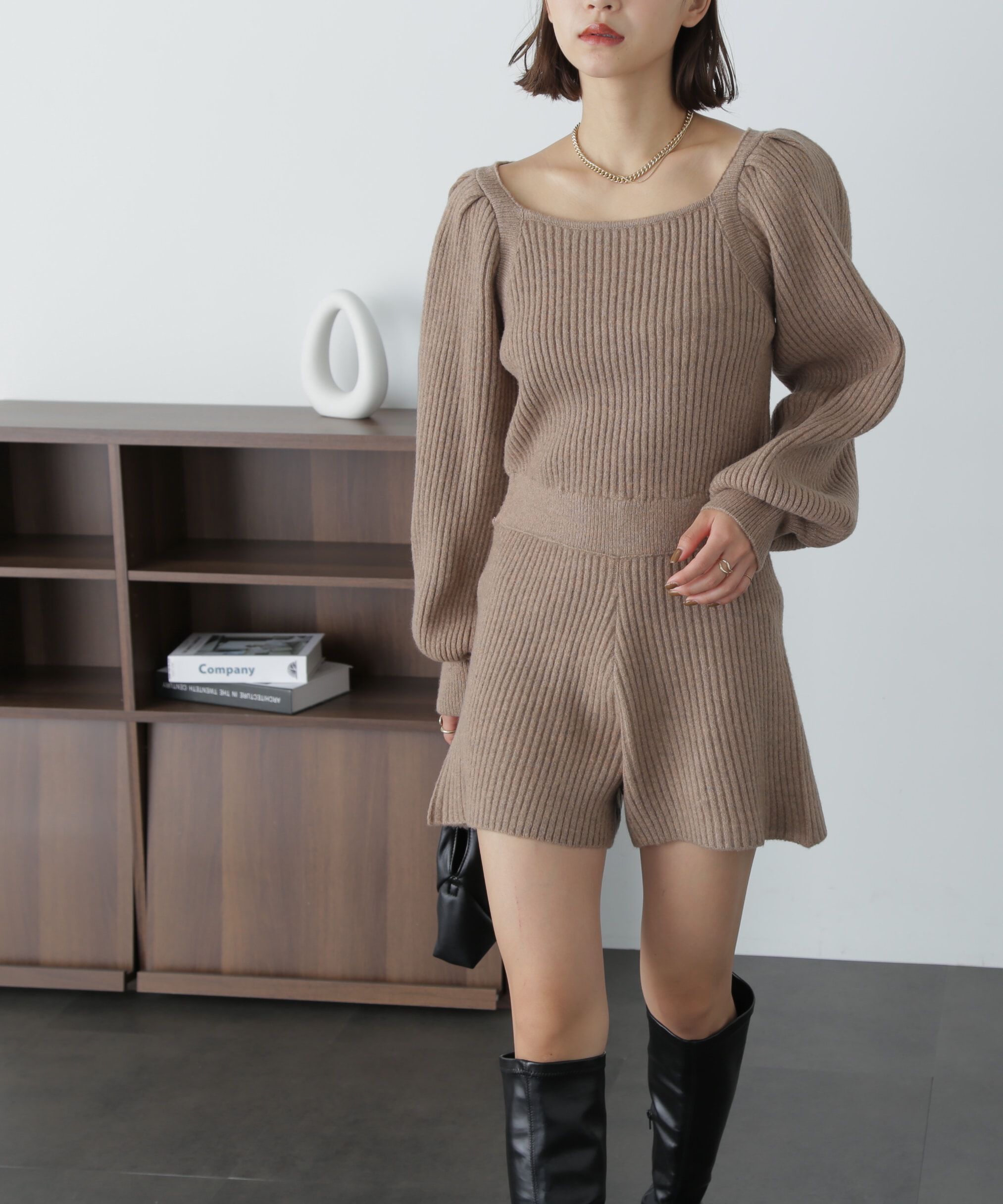  「スクエアネックリブニットロンパース」|ワンピース|