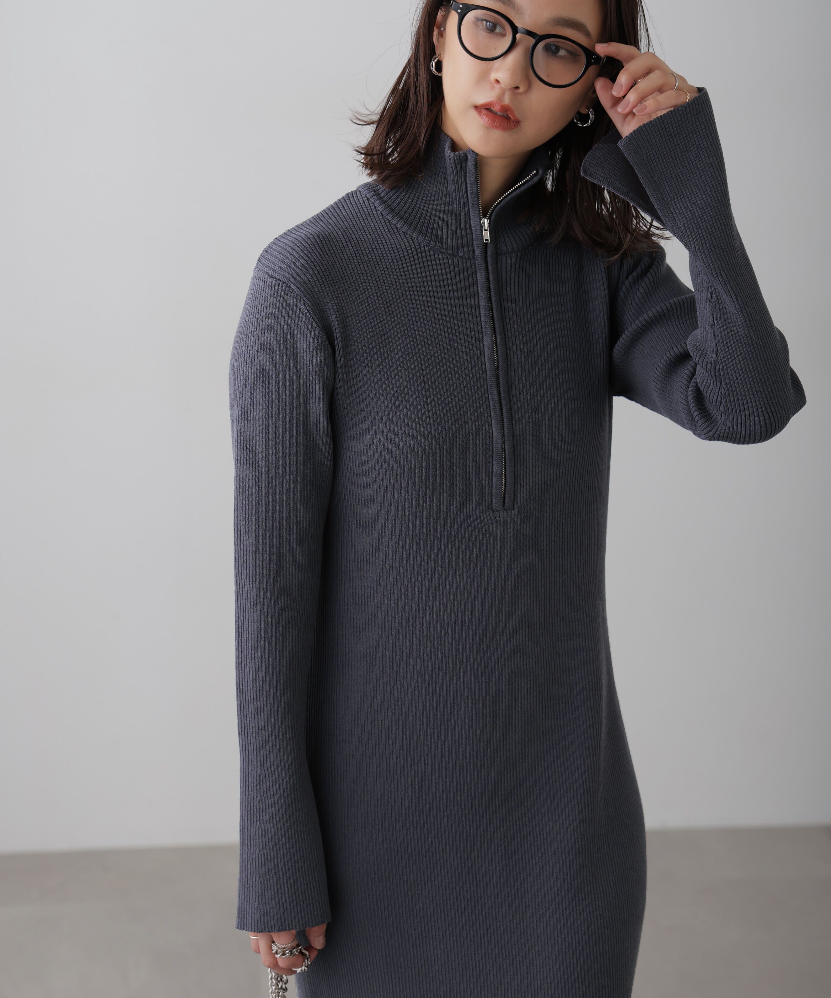  「ハーフジップロングニットワンピース」|ワンピース|