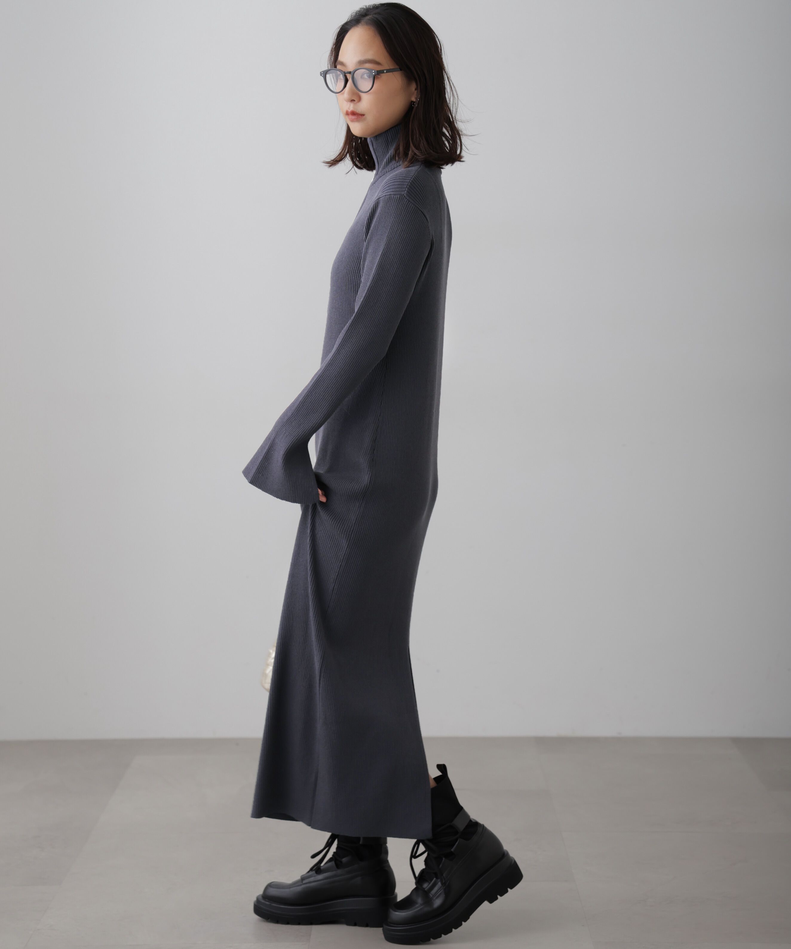  「ハーフジップロングニットワンピース」|ワンピース|