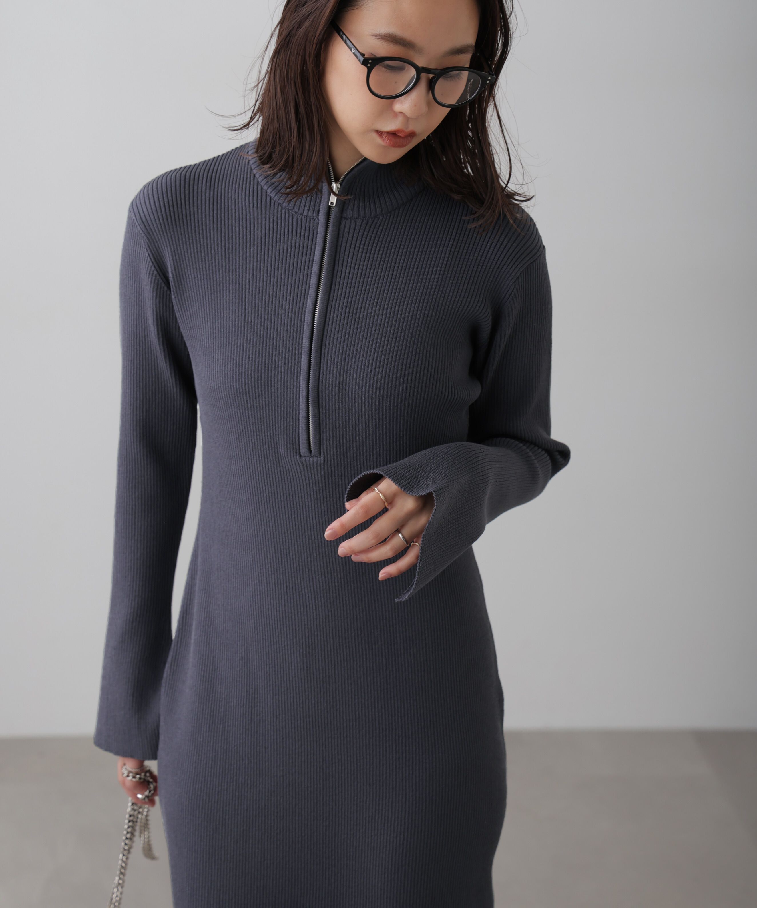  「ハーフジップロングニットワンピース」|ワンピース|