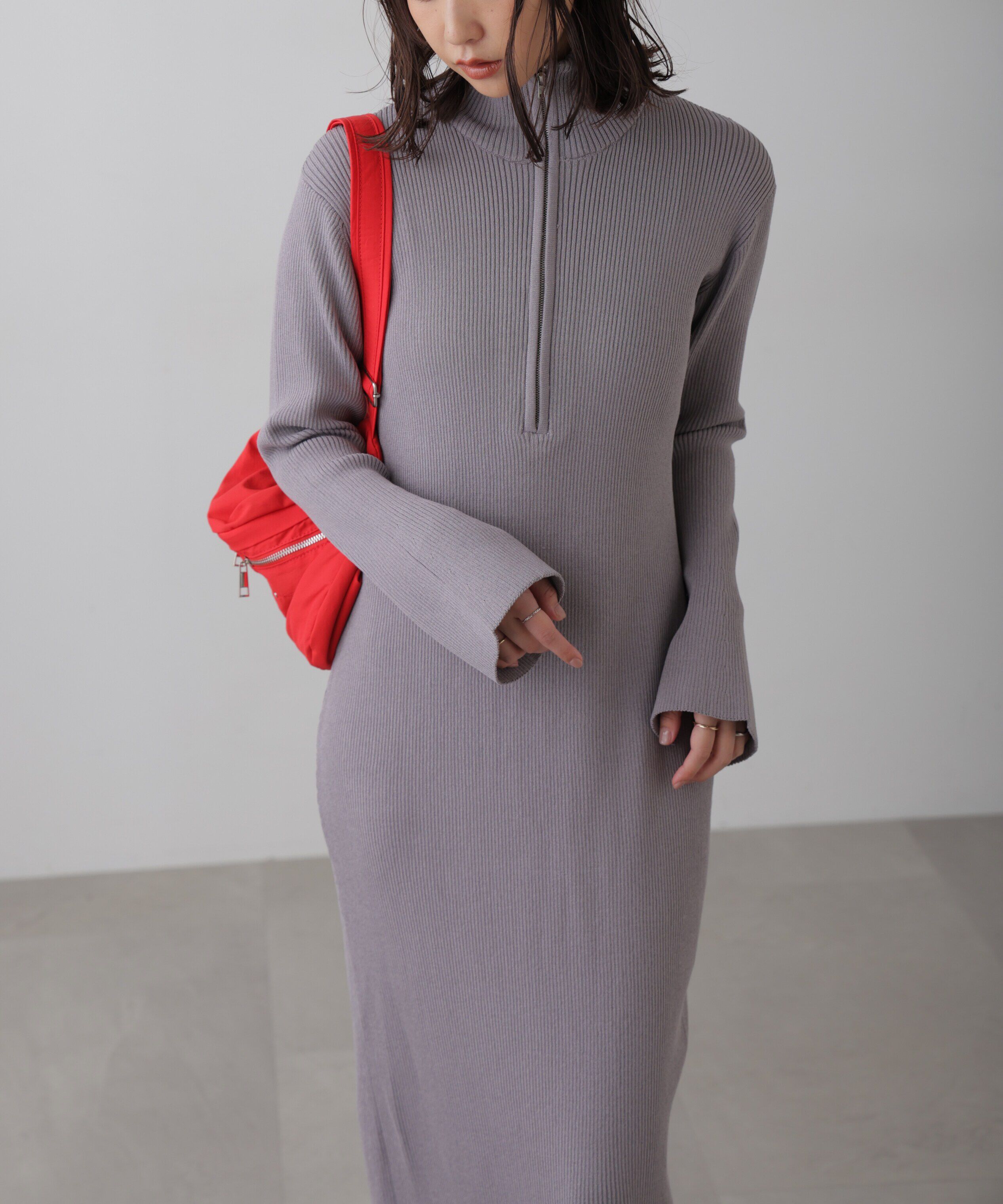  「ハーフジップロングニットワンピース」|ワンピース|