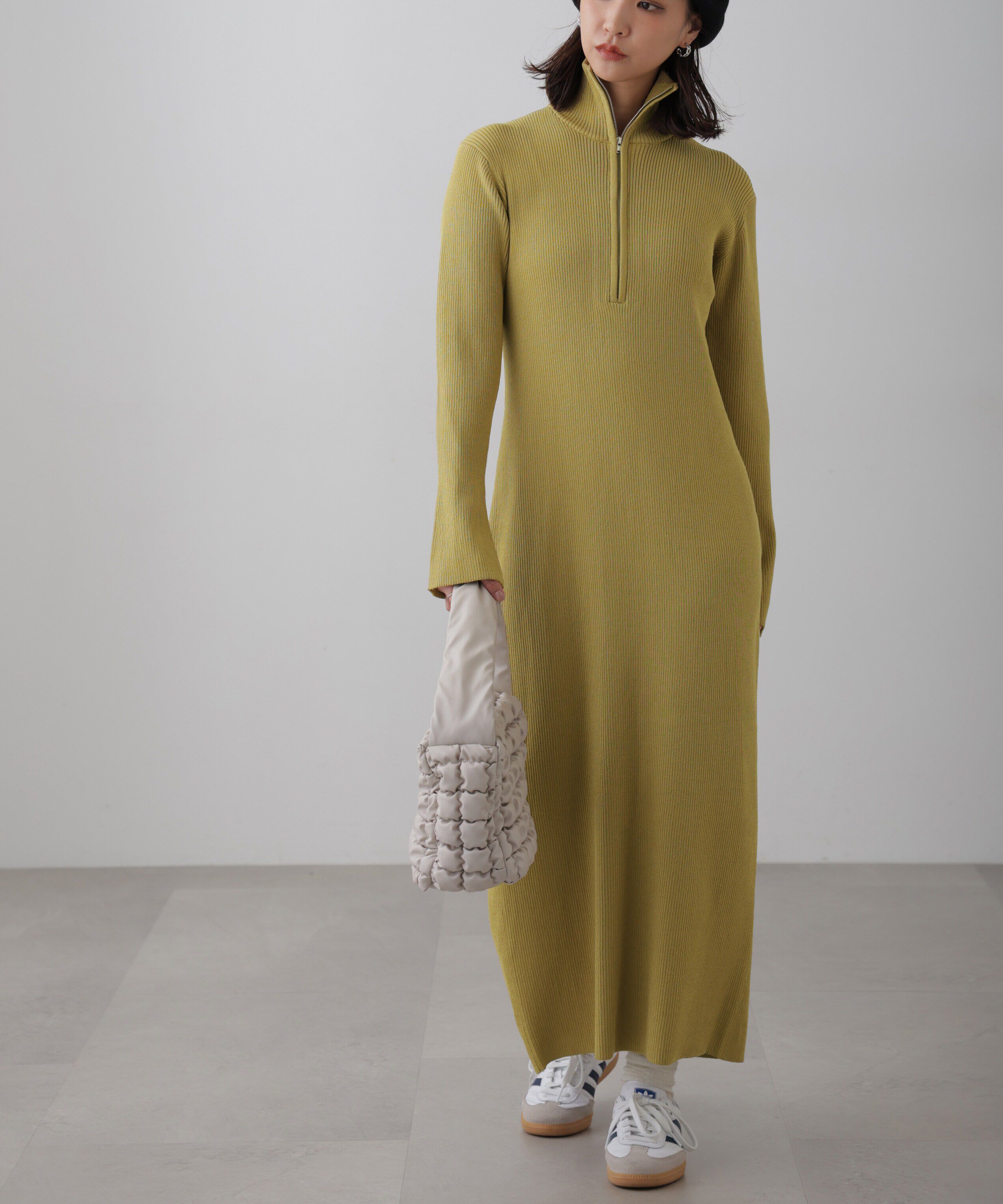  「ハーフジップロングニットワンピース」|ワンピース|ライトグリー