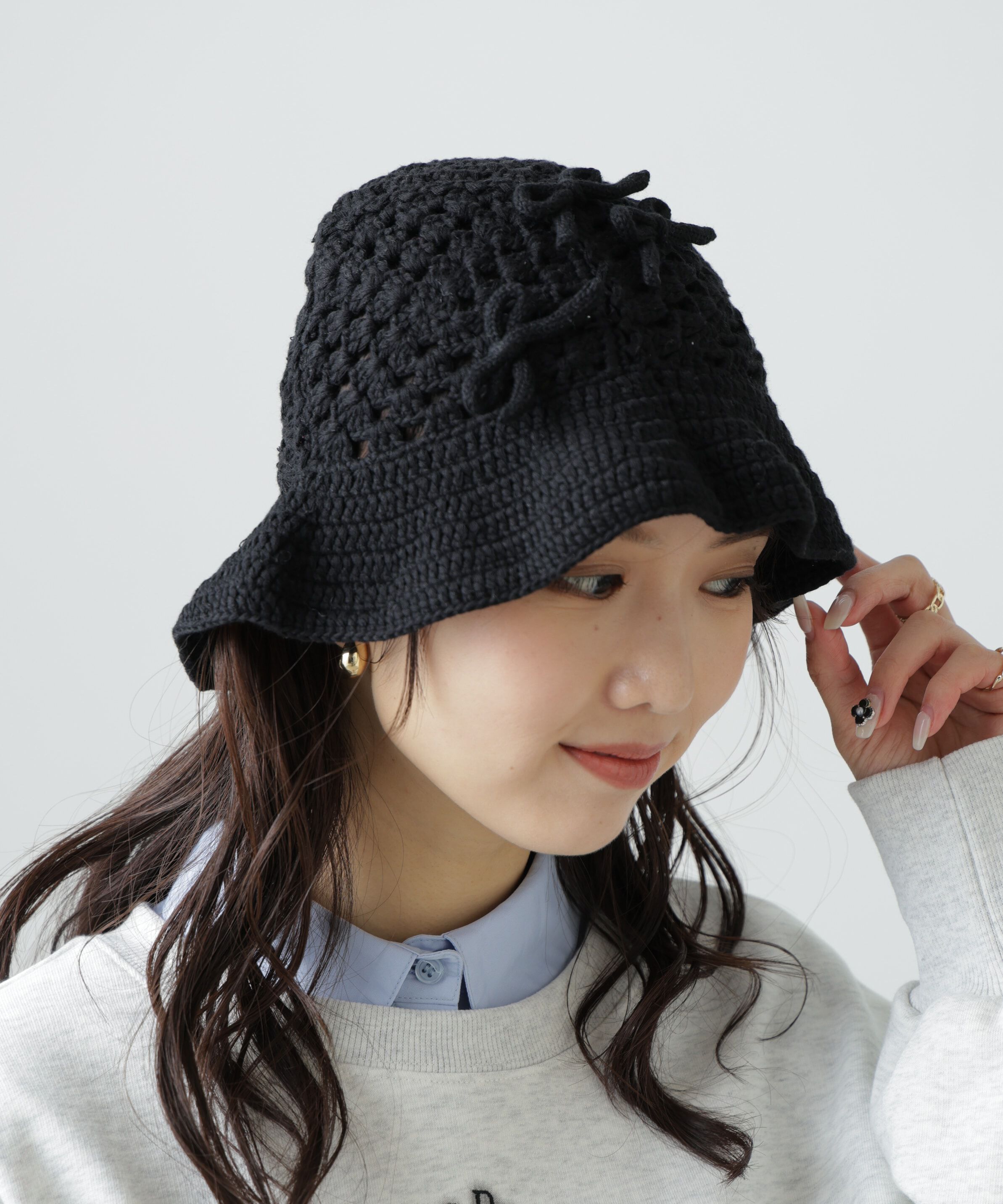  「リボンニットクロッシェ」|ソックス|ブラック